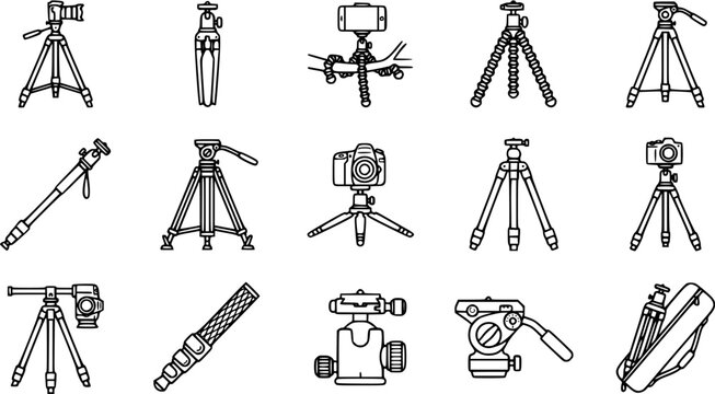 Photography and Videography Camera Tripods, Monopods, and Stands Line Art Vector Icons Set
