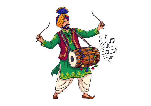 Illustration of a traditional Punjabi dancer playing the dhol drum isolated on transparent background