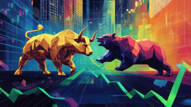Geometric bull and bear in vibrant cityscape reflecting stock market trends. Bull vs Bear, Stock Market Symbolism, Financial Trading Concept - Investment Trend Representation