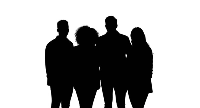 Four silhouettes standing together in a line isolated on transparent background, Vector