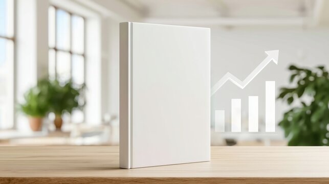 Blank white book standing on wooden table with blurred modern office interior and rising bar chart with arrow symbol in background for business success concept
