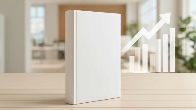 Blank white book standing on wooden table with rising bar chart and arrow symbolizing business growth increasing chart success concept in bright office room