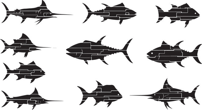 Black and white fish silhouettes with detailed anatomy