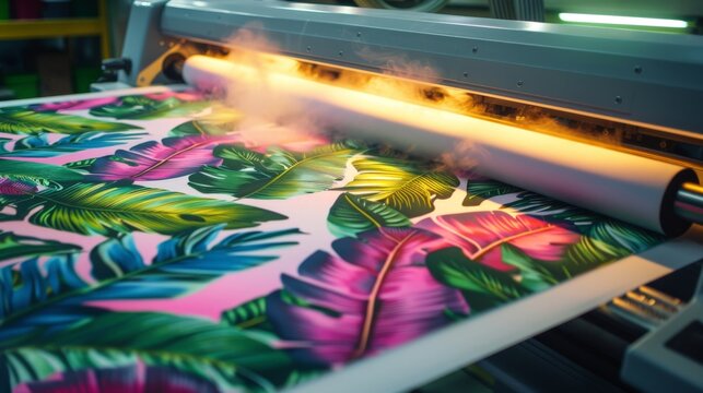 Vibrant tropical leaves print rolls over industrial printing machine. Steam rises as rollers press vivid colors onto fabric. Bright pink, green, and purple hues dominate the scene