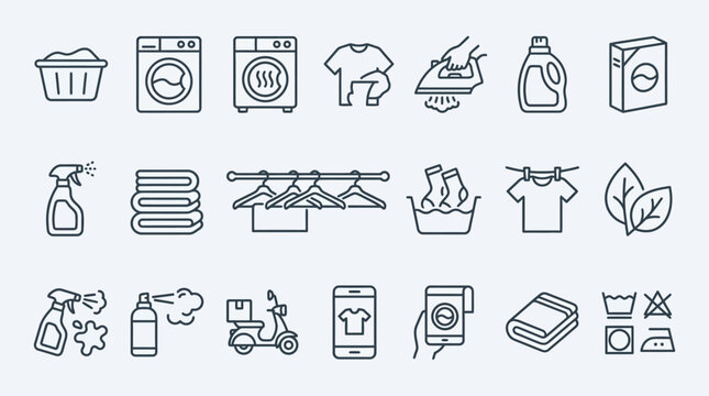 A comprehensive collection of line art icons representing various aspects of laundry services and home care, including washing machines, clothing, cleaning supplies, and delivery.