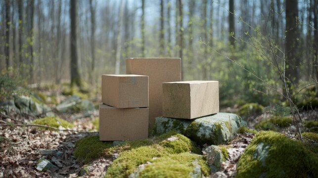 Boxes are placed on rocks in a forest during daytime