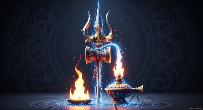 Fantasy sword with burning torches dark.