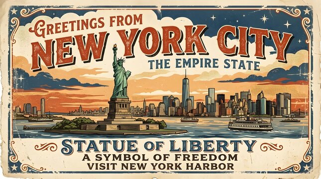 New York City skyline with Statue of Liberty, vintage postcard style
