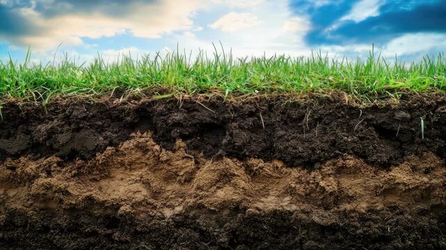 Cross-section of soil layers with grass under blue sky and clouds