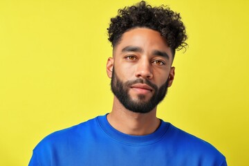 Obraz premium Man with curly hair posing against bright yellow background