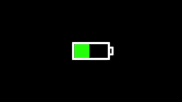 Futuristic battery charging green indicator level low to full on black background.Electronic device charging battery icon indicating progress of the increasing.