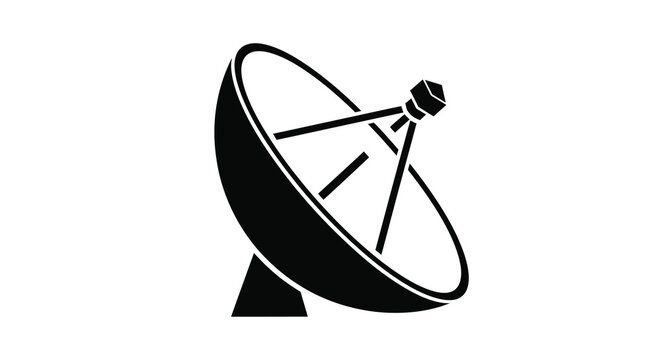 Satellite dish silhouette communication technology icon for broadcasting and data transfer