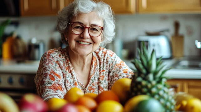 Senior woman smiling in kitchen with fresh fruit