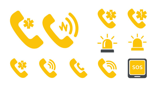 Emergency Call Icons Set, SOS Alert, Phone Symbol, Siren, Medical Help