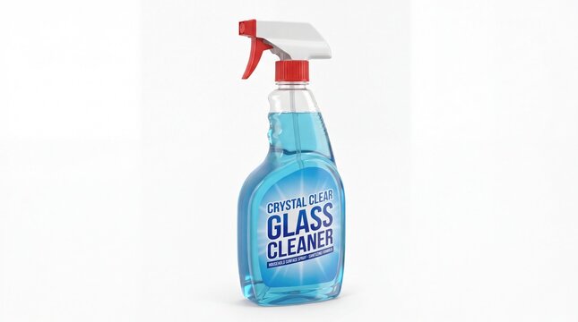 A plastic spray bottle containing blue liquid glass cleaner shown as a clean isolated on white background