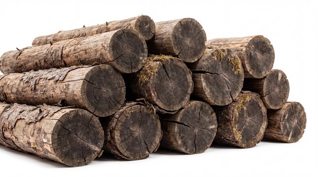 Stack of natural weathered pine logs showing texture of circular growth rings on white background