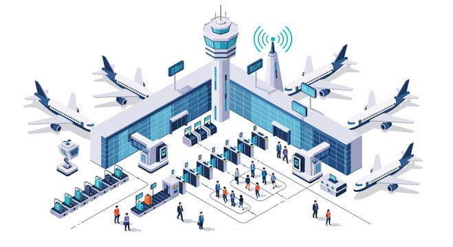 Isometric illustration of a modern airport terminal with airplanes, control tower, check-in counters, security gates, and passengers.