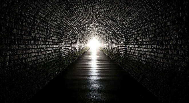 Abstract digital tunnel with glowing binary code light particles and dark background