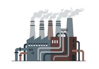 Obraz premium An industrial factory emits smoke from multiple chimneys with pipes connected.