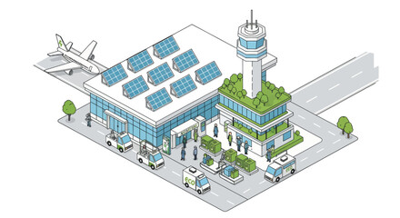 Naklejka premium An isometric illustration of a modern, eco-friendly airport terminal featuring solar panels, green roofs, electric vehicles, and an air traffic control tower.