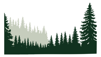 Coniferous forest silhouette landscape with tall evergreen pine trees on horizon background. © Sara Studio
