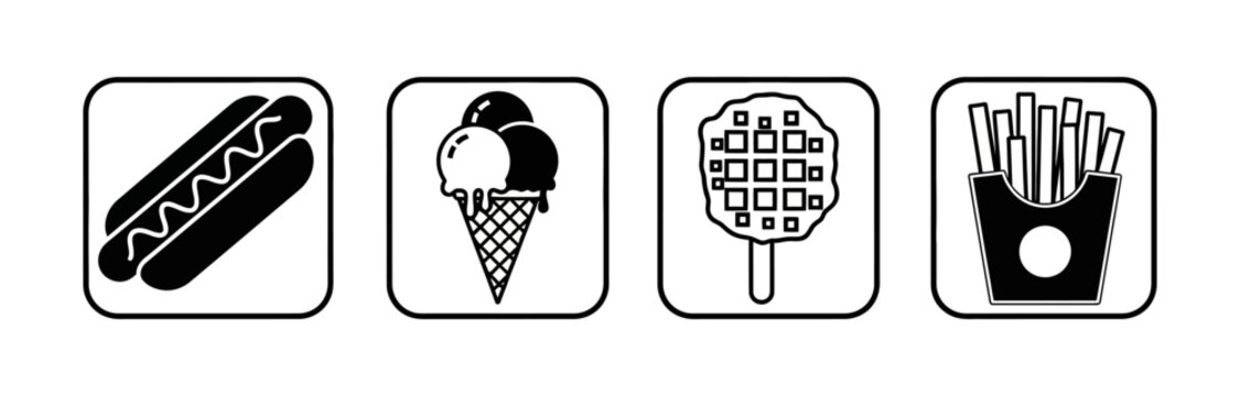 A collection of four black and white icons featuring popular fast food items and treats a hot dog, ice cream cone, waffle on a stick, and french fries in a container