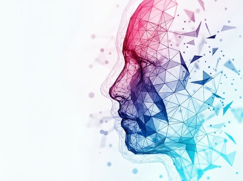 Abstract low poly side view of a human head with blue and pink hues.