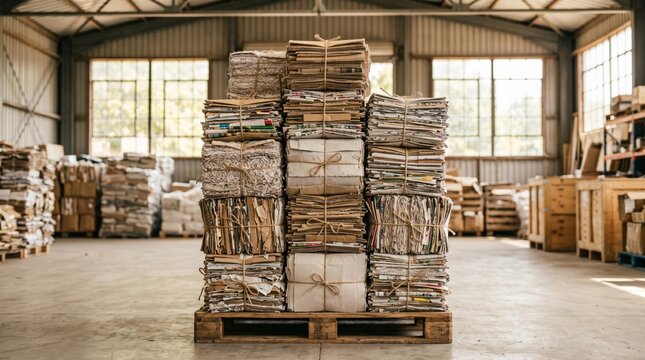 Stacked bundles of recycled paper and cardboard on a wooden pallet inside a spacious warehouse with large windows and organized storage areas
