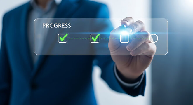 Businessman checking off completed milestones on a digital screen indicating clear progress tracking