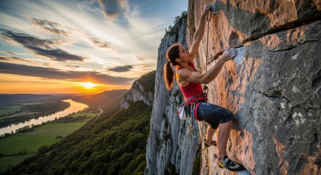 Men and woman climbing rocks and swinging on ropes in an outdoor mountain cliff adventure