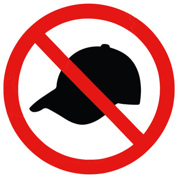 No hats allowed sign, red circle with black baseball cap