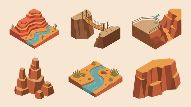 Isometric desert landscape elements with cliffs.