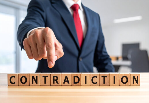 Contradiction - Geschäftsmann zeigt auf den Text "Contradiction"
