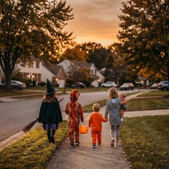 Obraz premium Children dressed as Halloween costumes walking down suburban street at golden hour