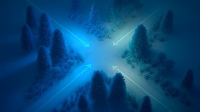 Conceptual background: Isometric pine forest with four cyan neon arrows pointing to the center