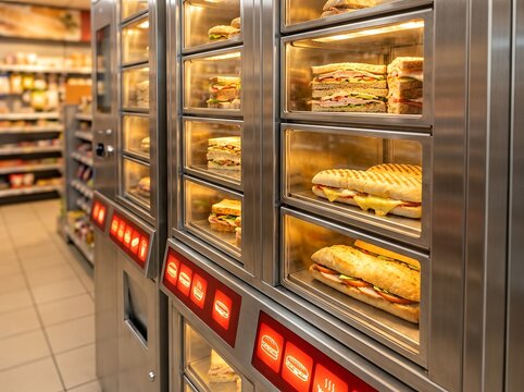 Close-up of sandwich vending machines inside a bright, modern convenience store, showcasing delicious ready-to-eat options.