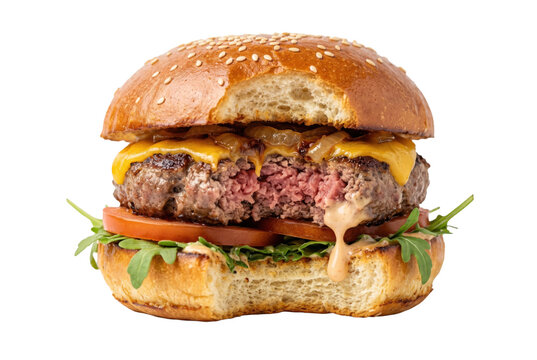 High-end artisanal burger with a realistic bite mark, juicy meat texture, melted cheese, and dripping sauce isolated on white background. Sensory food concept with messy aesthetic and macro detail.