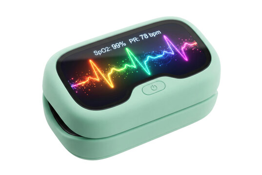 Modern home-use pulse oximeter with matte mint green finish and glowing AI heart rate display isolated on white background. Futuristic healthcare technology and smart medical monitoring concept.