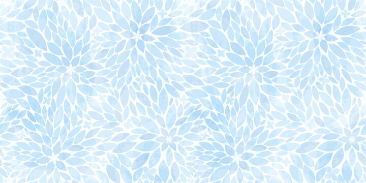 Calm floral watercolor seamless pattern, flowers and small leaves in blue tones, botanical print for wellness and spa.