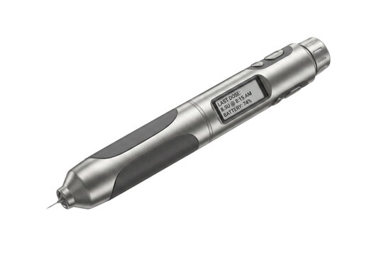 Futuristic smart insulin pen with brushed titanium body, ergonomic soft grip, and digital e-ink display isolated on white background. Precision medicine and diabetes care technology concept.