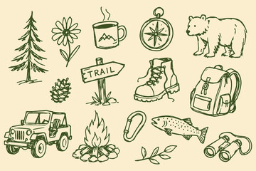 Fototapeta premium Camping Hiking Outdoor Icon Set Green Sketch Vector