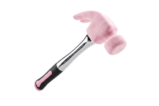Creative surreal hammer with soft pink marshmallow head and glossy chrome handle isolated on white background. Absurd playful design concept with futuristic pop art aesthetic.