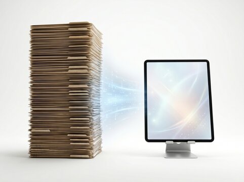 Digital transformation concept with data migrating from paper files to a tablet for a paperless office solution
