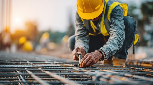 Construction worker securing rebar at sunrise for building foundation.
