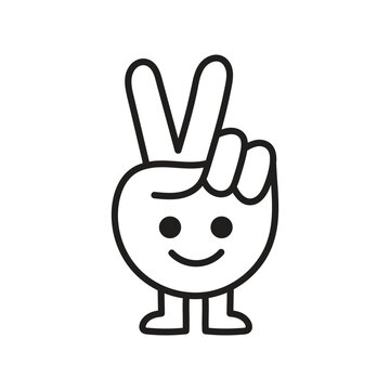 Minimalist Peace Sign Character Line Art Graphic Icon Featuring A Smiling Round Figure Gesturing Victory With Fingers Isolated On A Plain Clean White Background Vector