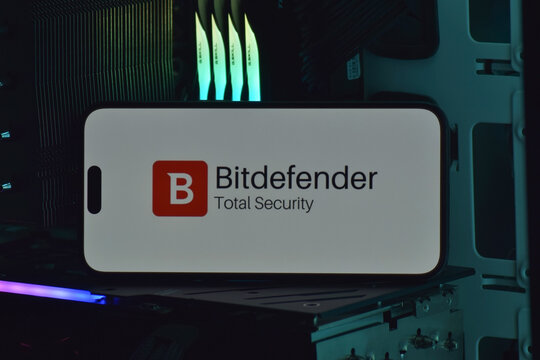 On a mobile phone screen logo BitDefender Corp global computer security software company.