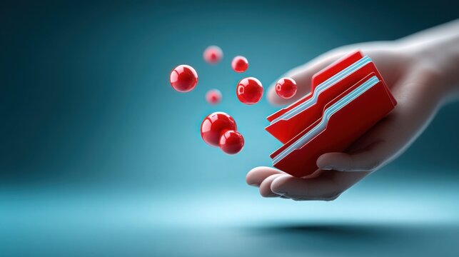 Hand holding red folders with floating red spheres, symbolizing data management and organization