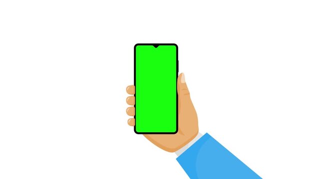 Person's hand holding up a modern mobile device with a bright green screen, ready for use or customization