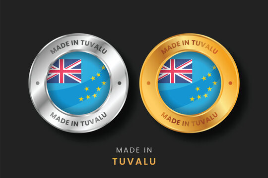 Premium gold and silver labels with the Tuvalu flag. Official Made in Tuvalu certification emblems for Polynesian manufacturing, exports, and local product quality.