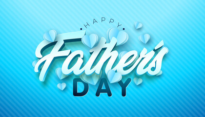 Fototapeta premium Happy Father's Day Greeting Card Design with Flying Paper Heart and 3d Typography Lettering on Blue Background. Vector Best Dad Celebration Illustration Template for Party Flyer, Post Card, Sale